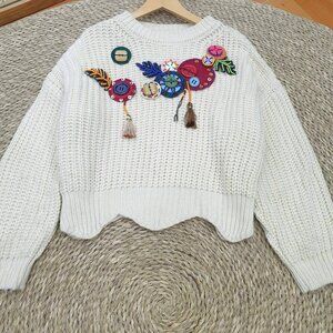 White Chunky Knit Sweater Colorful Boho Embellished Detail 🌸